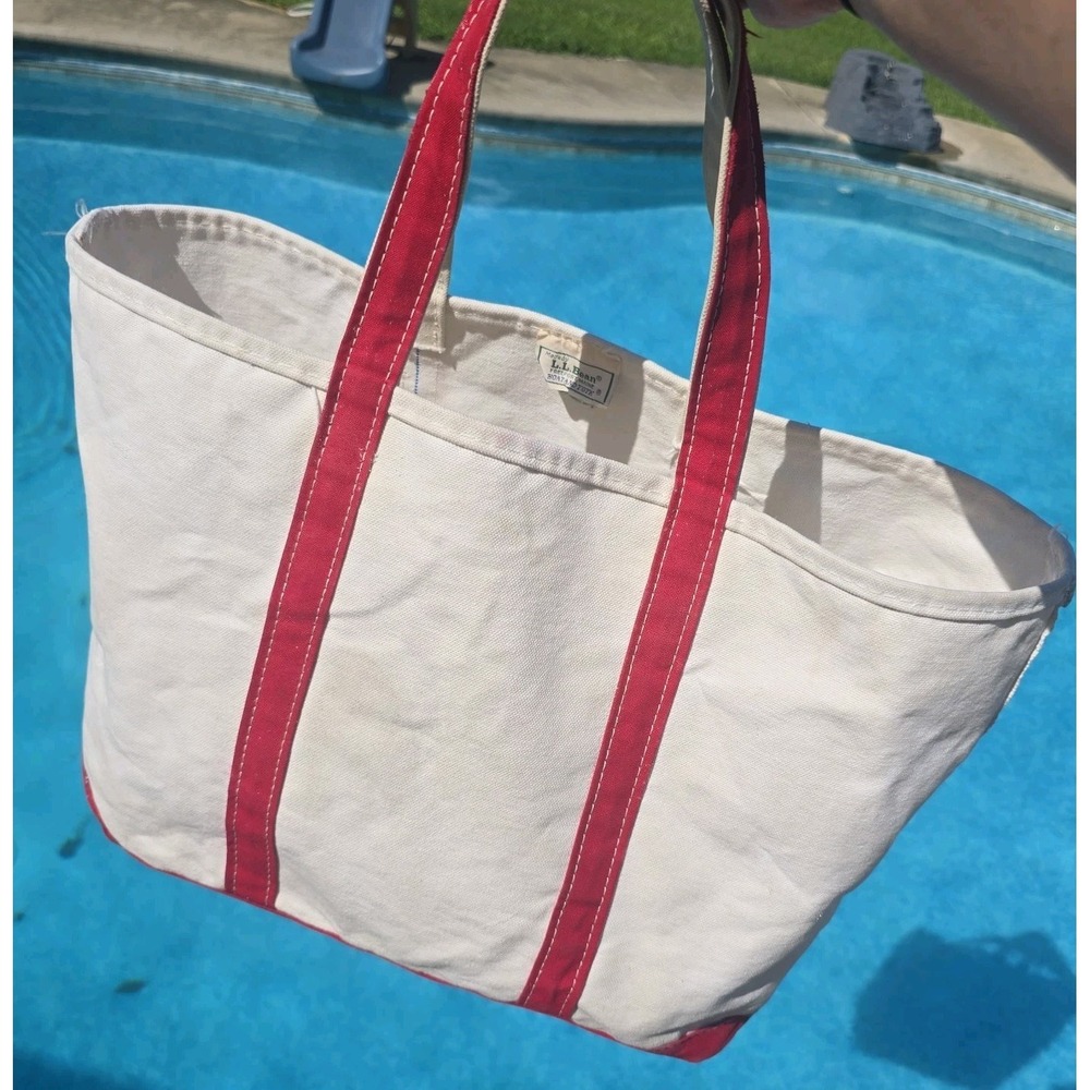 Vintage LL Bean Boat & Tote XL Canvas Bag Crinkle Tag Freeport Main, Red Trim